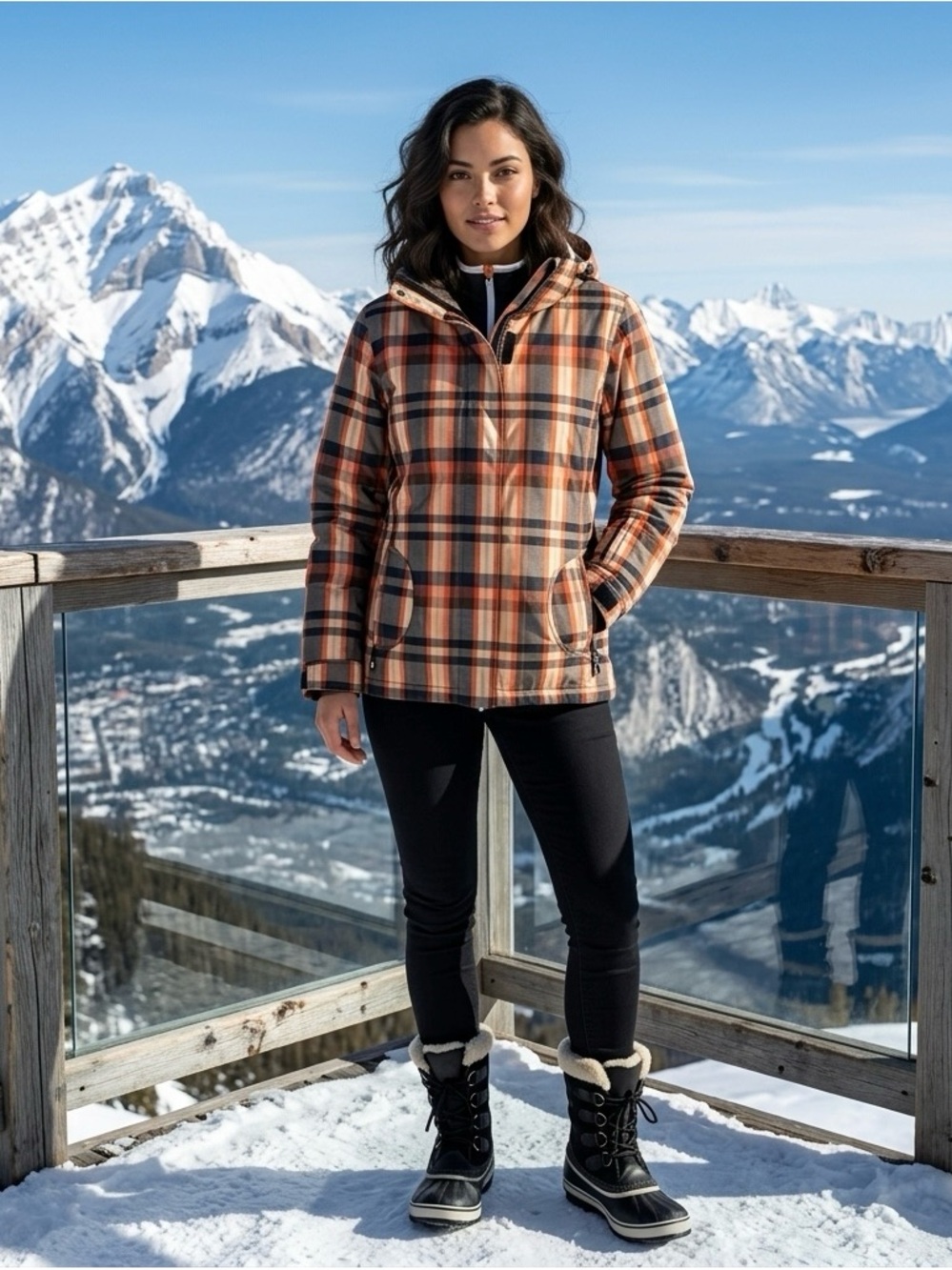 Roxy Plaid Insulated Ski Snowboard Jacket Orange Black Cream Hooded Winter Sz M